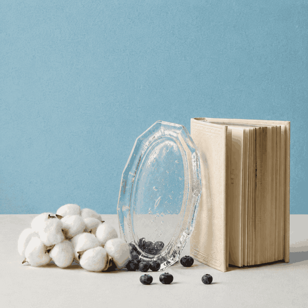 Kumo Glass Incense Tray styled upright beside an open cream-colored book, cotton stems, and scattered blueberries on a white surface with a soft blue background, highlighting the tray’s clear handcrafted glass texture and decorative form.