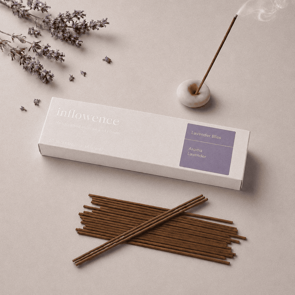 Lavender incense sticks named ‘lavender bliss’ packed in an incense box labeled 'inflowence' on a purple background