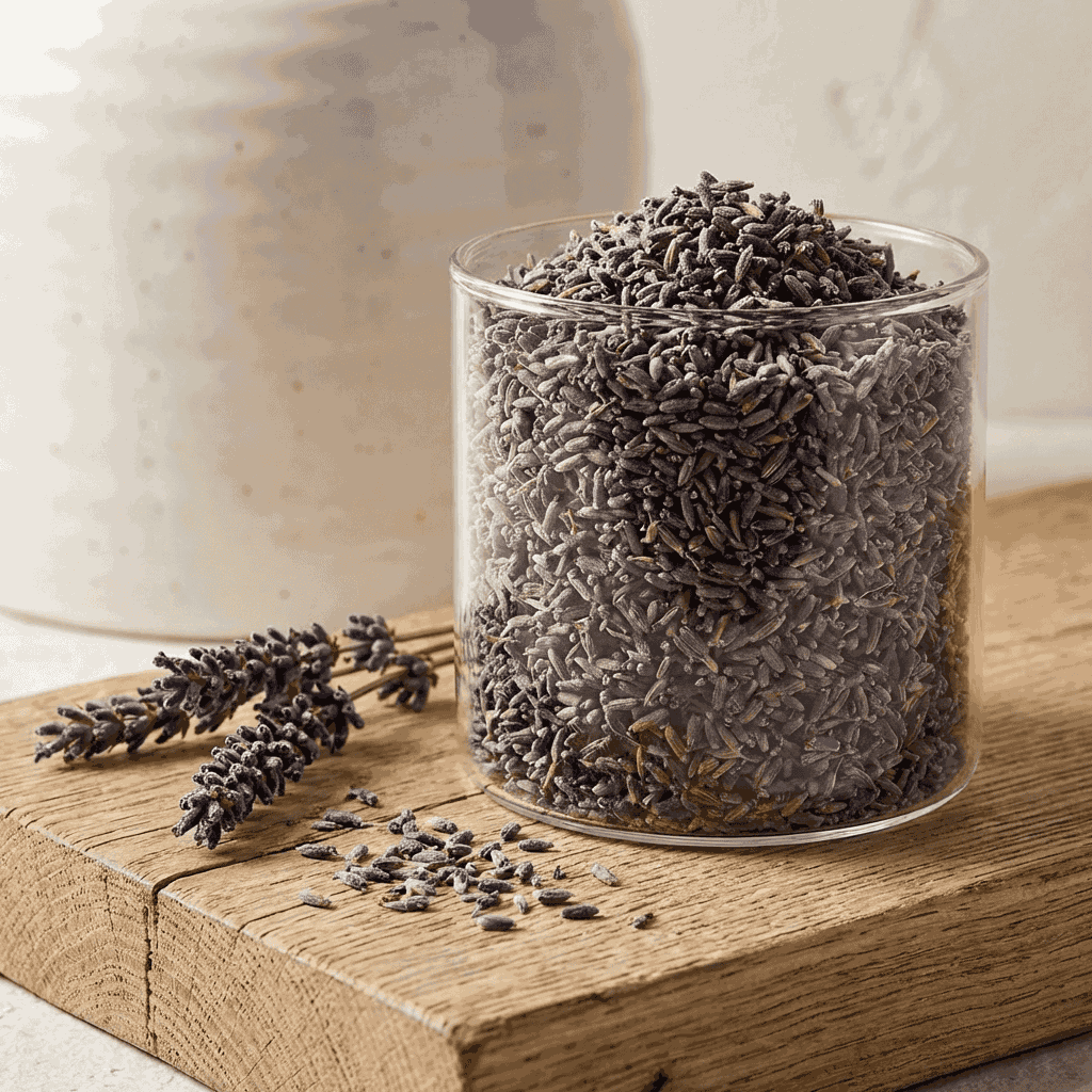 dried lavender buds, a natural ingredient used in inflowence incense, shown in a glass jar with loose sprigs on a wooden table in warm, soft lighting