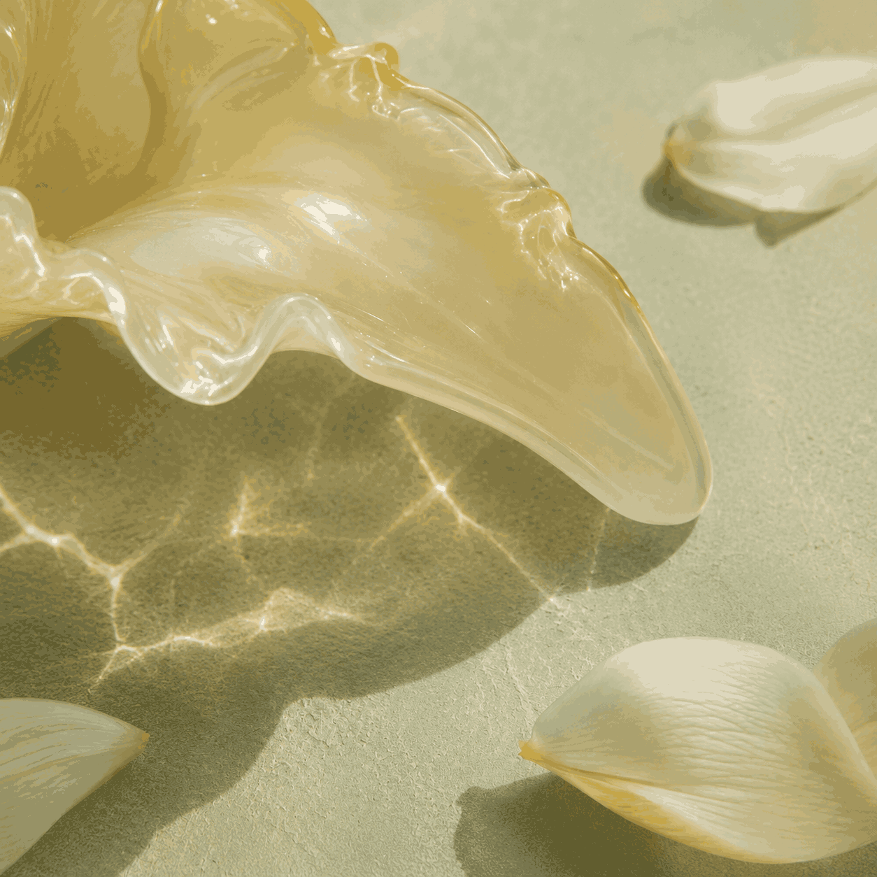 Close-up of the Lily Glass Incense Holder, showing the delicate handcrafted glass petal with naturally uneven edges, soft translucency, and light reflections, surrounded by scattered white flower petals.