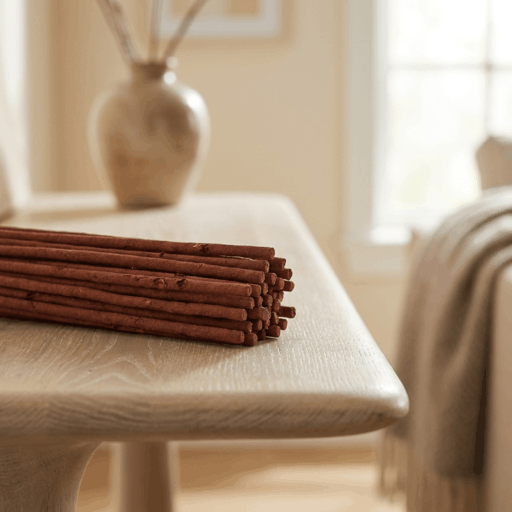 inflowence Naked Rose incense sticks with visible rose petals resting on a light wood table in a soft, sunlit interior, highlighting natural rose incense.