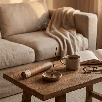 inflowence Naked Rose rose incense with a lit incense stick and soft smoke on a wooden table, styled with tea and a book in a warm, relaxing living space