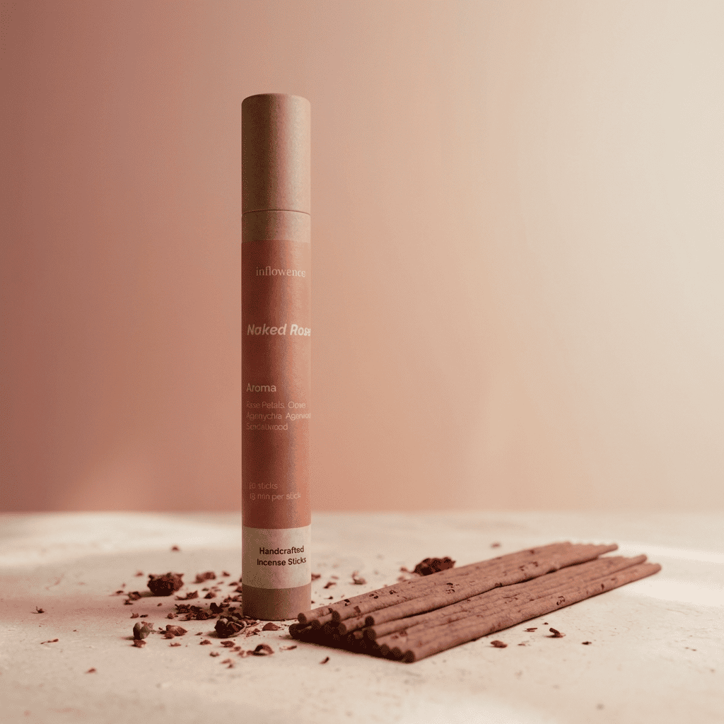 Paper kraft tube labeled 'Naked Rose' with rose incense sticks and dry rose petals on a beige background