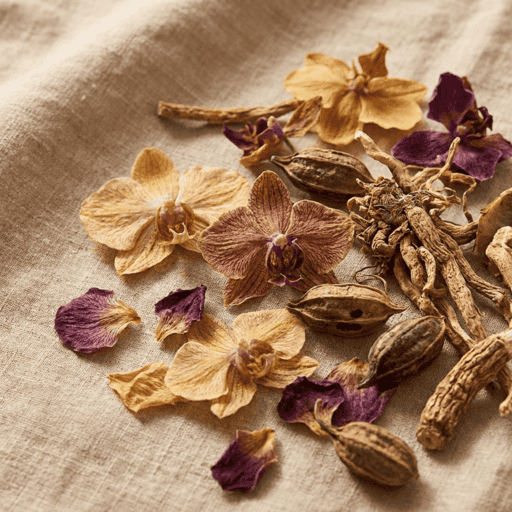 dried orchid flowers and petals with soft beige and purple tones arranged on a linen surface with natural texture in warm light, a key ingredient used in inflowence flower incense blends such as Deep Dream
