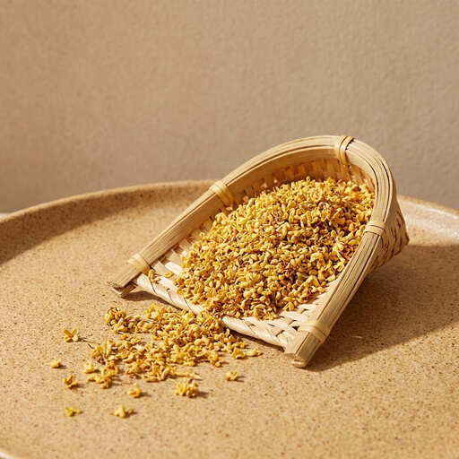 dried osmanthus flowers spilling from a small woven basket onto a textured ceramic surface in warm natural light, a key ingredient used in inflowence flower incense blends such as Petal & Nectar