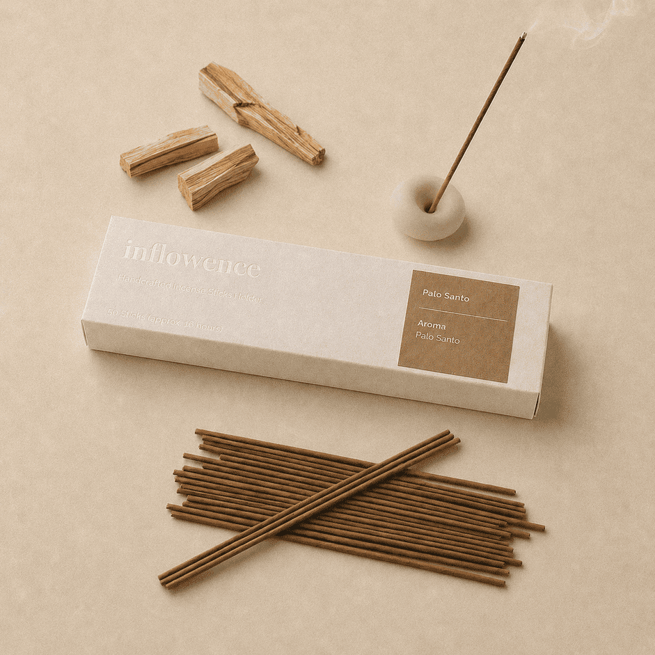 Palo santo incense sticks named ‘palo santo’ packed in an incense box labeled 'inflowence' on an orange background