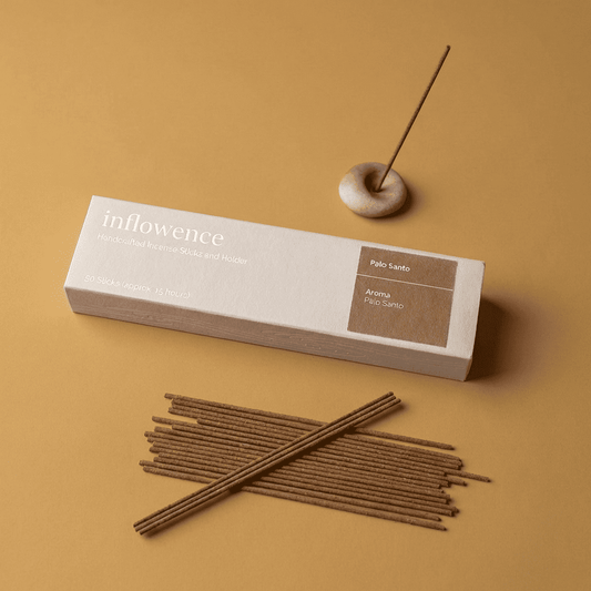 Palo santo incense sticks named ‘palo santo’ packed in an incense box labeled 'inflowence' on an orange background