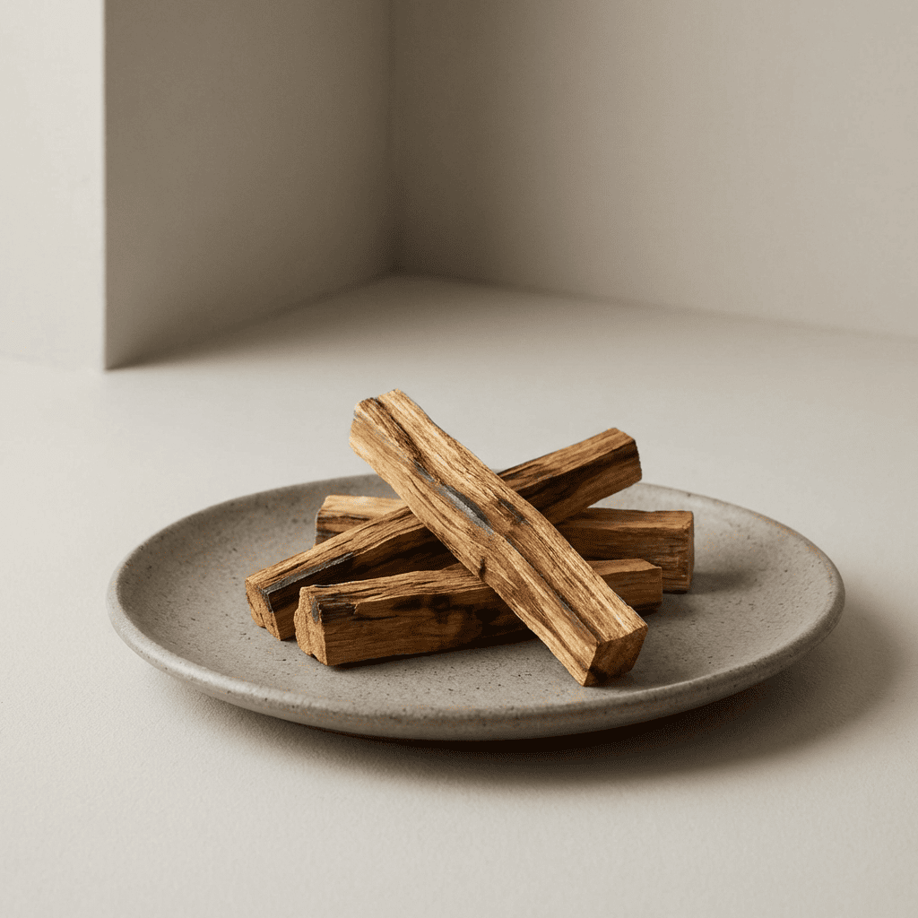 natural palo santo wood sticks, an ingredient used in inflowence incense, displayed on a ceramic dish in soft, neutral lighting