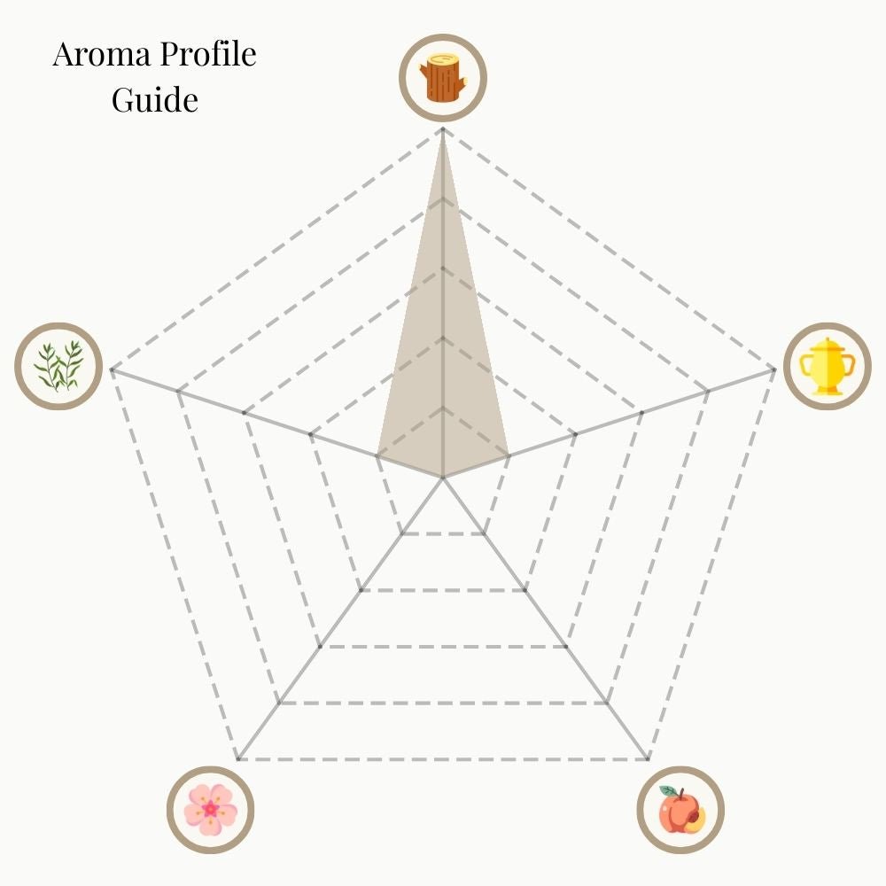 A radar chart titled 'Aroma Profile Guide' for Palo Santo incense. The five categories are: Woody & Earthy (top), Mystical & Warm (top right), Sweet & Fruity (bottom right), Floral (bottom left), and Herbal & Minty (top left). The shaded area highlights a very strong emphasis on Woody & Earthy, with subtle traces of Herbal & Minty, while the other categories remain minimal.