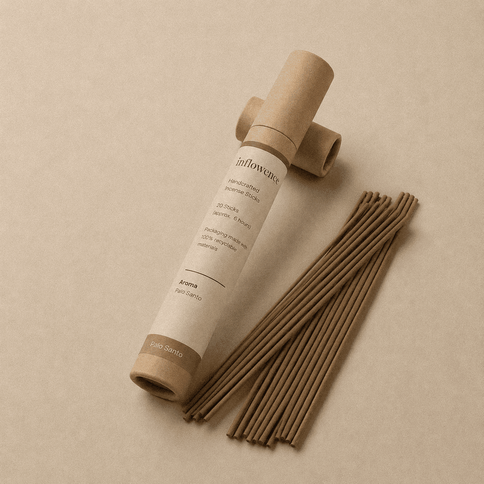 Palo santo incense sticks named ‘palo santo’ packed in an incense kraft paper tube labeled 'inflowence' on a orange background