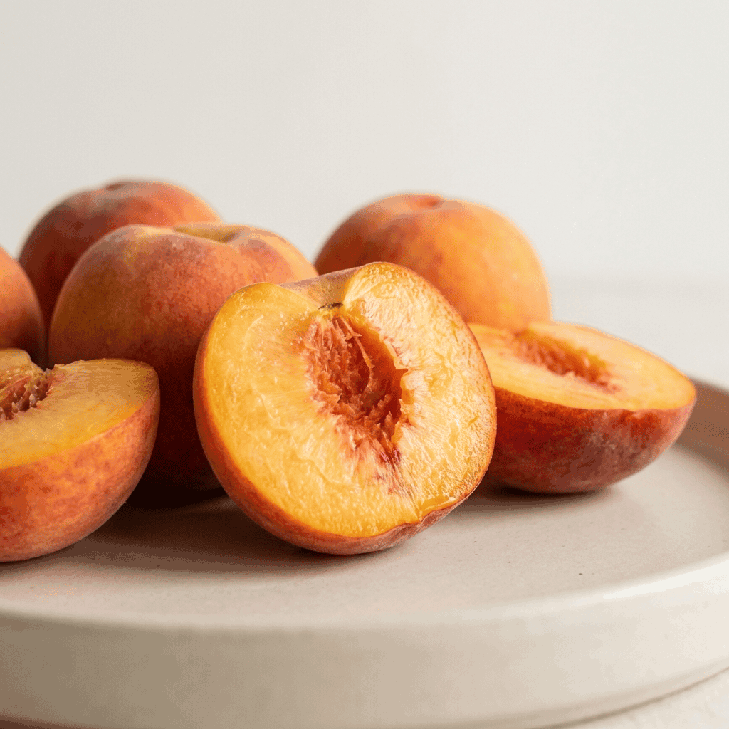 fresh peach, a natural ingredient used in inflowence incense, displayed as whole and halved fruit on a neutral plate in soft, warm lighting