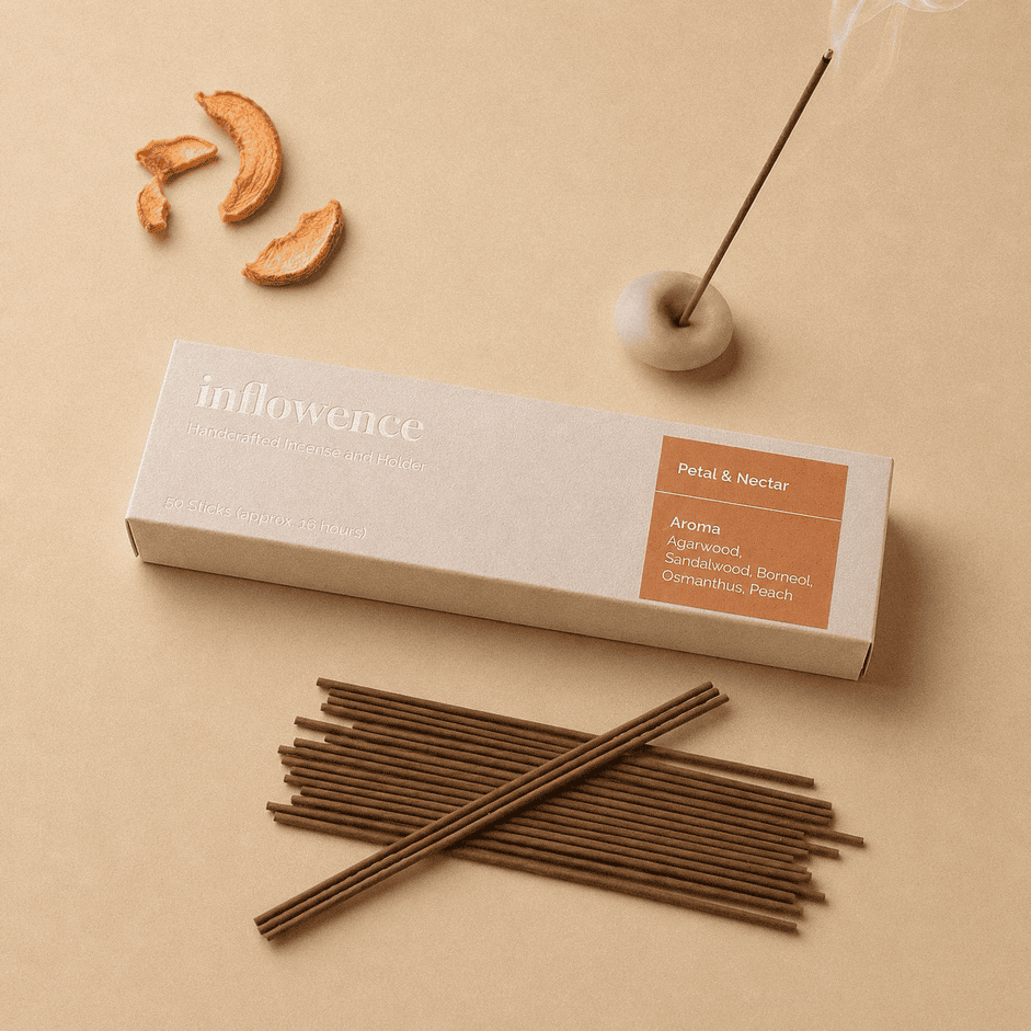 Flower incense sticks named ‘petal & Nectar’ packed in an incense box labeled 'inflowence' on a orange background