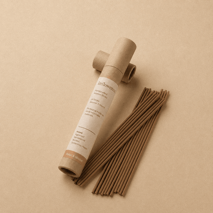Flower incense sticks named ‘petal & nectar’ packed in an incense kraft paper tube labeled 'inflowence' on a beige background