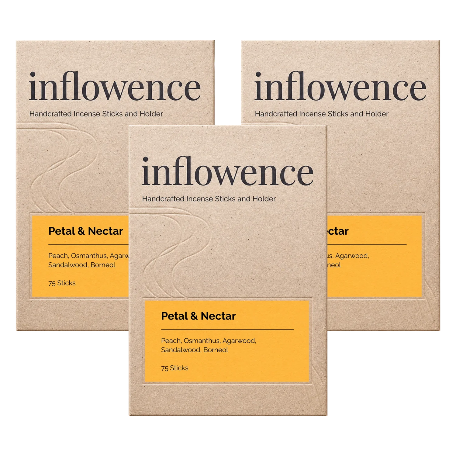 Three boxes of Petal & Nectar charcoal-free incense sticks by Inflowence in eco kraft boxes of 75 sticks each, with scent notes of peach, osmanthus, agarwood, sandalwood and borneol.