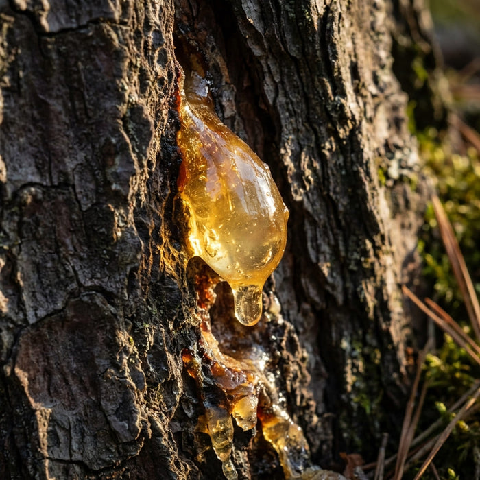 golden pine resin slowly dripping from textured tree bark in natural outdoor light, showing its sticky translucent surface, a key ingredient used in inflowence frankincense incense named 'Forest Ritual'. 