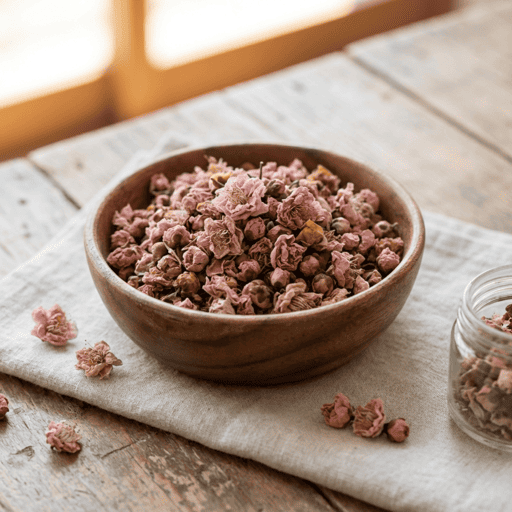 dried plum blossom buds gathered in a wooden bowl on a linen cloth with soft natural light from a window, a key ingredient used in inflowence flower incense blends such as Deep Dream