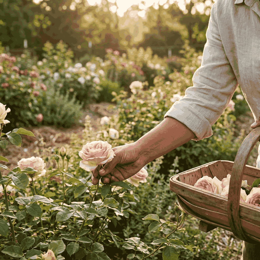 hand picking fresh roses in a garden, used as a natural botanical ingredient in inflowence incense, captured in warm, golden light