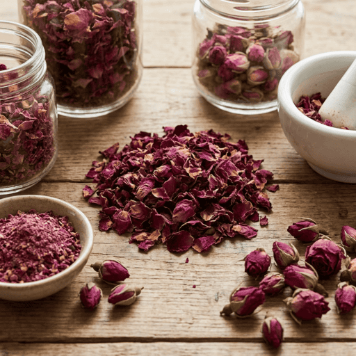dried rose petals and buds scattered on a wooden surface with small jars and a mortar nearby in warm natural light, a key ingredient used in inflowence rose incense blends such as Blushing Rose and Naked Rose