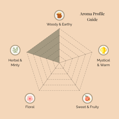 A radar chart titled 'Aroma Profile Guide' for the Sacred Aura Trio set. The five categories are: Woody & Earthy (top), Mystical & Warm (top right), Sweet & Fruity (bottom right), Floral (bottom left), and Herbal & Minty (top left). The shaded area shows a strong emphasis on Woody & Earthy, balanced with Herbal & Minty, while Mystical & Warm, Floral, and Sweet & Fruity remain minimal.