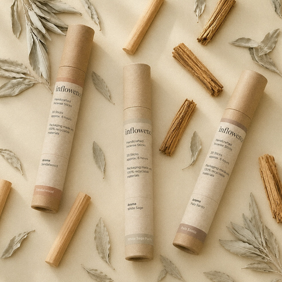 Sacred Aura Trio – Incense Set featuring Palo Santo, Sandalwood, and White Sage Purity incense tubes, arranged on a soft beige background with loose incense sticks, palo santo wood pieces, and dried sage leaves, designed for space cleansing, meditation, yoga, home energy reset, and creating a calm, clear atmosphere for busy minds.