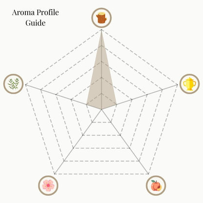 A radar chart titled 'Aroma Profile Guide' for Sandalwood incense. The five categories are: Woody & Earthy (top), Mystical & Warm (top right), Sweet & Fruity (bottom right), Floral (bottom left), and Herbal & Minty (top left). The shaded area highlights a strong emphasis on Woody & Earthy, with only faint notes of the other categories.