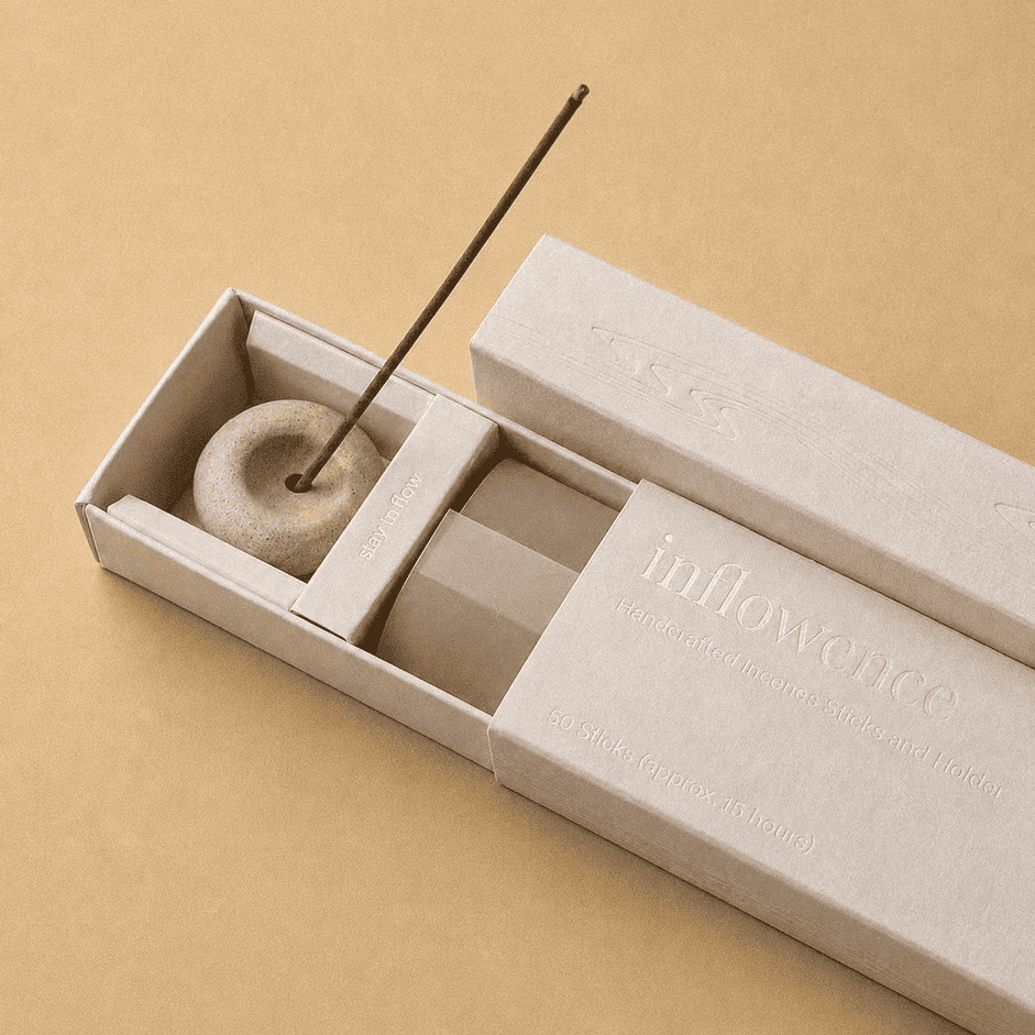 Close-up of an open inflowence incense box with a ceramic holder and a lit incense stick on a beige background.