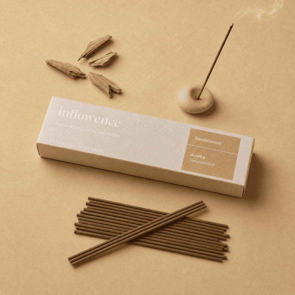 Sandalwood incense sticks named ‘sandalwood’ packed in an incense box labeled 'inflowence' on a beige background