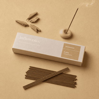 Sandalwood incense sticks named ‘sandalwood’ packed in an incense box labeled 'inflowence' on a beige background