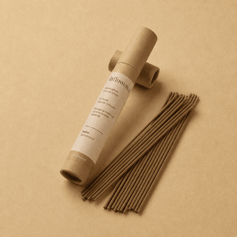 Sandalwood incense sticks named ‘sandalwood’ packed in an incense kraft paper tube labeled 'inflowence' on a beige background