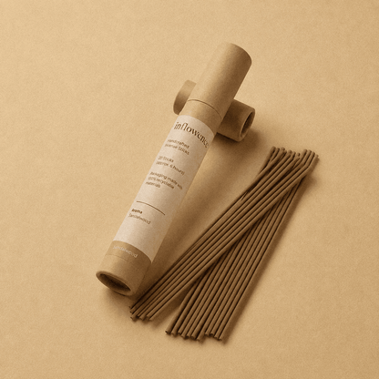 Sandalwood incense sticks named ‘sandalwood’ packed in an incense kraft paper tube labeled 'inflowence' on a beige background