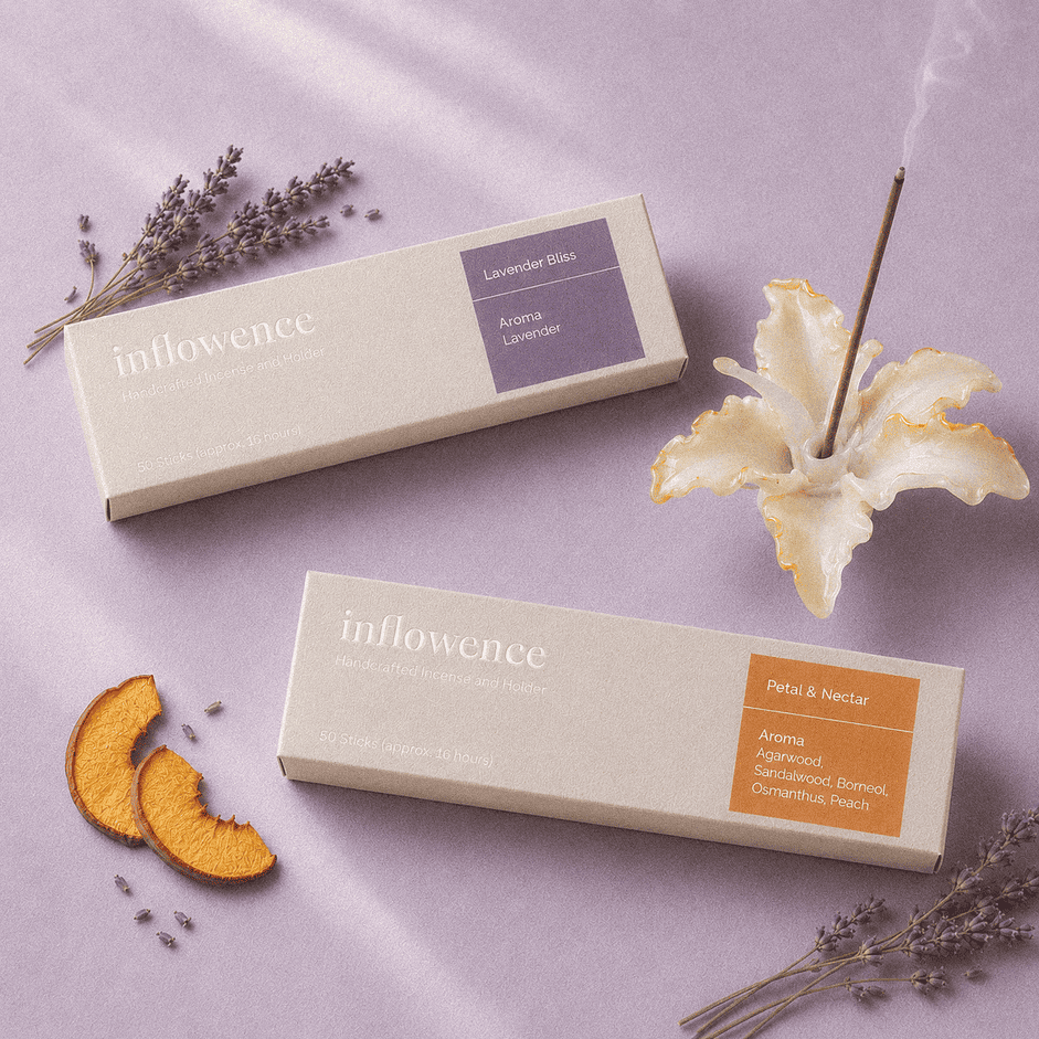 Soft Reset Duo – Incense & Holder Set featuring flower incense named Petal & Nectar, lavender incense named Lavender Bliss, and a glass lily incense holder, arranged on a soft lavender background with lavender sprigs, dried peach slices, and a burning incense stick, designed for emotional balance, gentle calm, creative focus, and evening wind-down for busy minds.