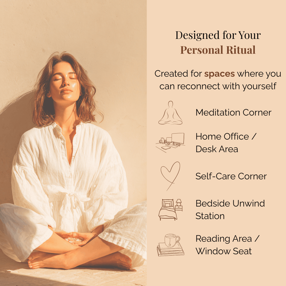 Lifestyle image of a woman sitting cross-legged in soft sunlight, eyes closed in a calm moment. To the right, illustrated icons list suggested ritual spaces: meditation corner, home office desk area, self-care corner, bedside unwind station, and reading or window-seat area.