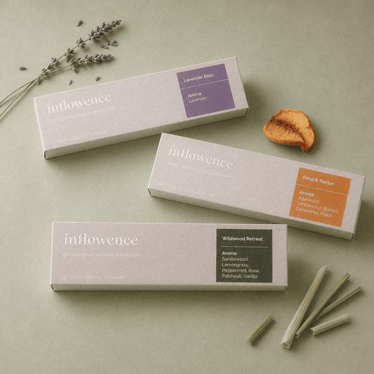 Spring Ritual Trio – Incense Box Set featuring patchouli incense named Wildwood Retreat, flower incense named Petal & Nectar, and lavender incense named Lavender Bliss, arranged on a soft sage green background with three white incense boxes, lavender sprigs, a dried peach slice, and several incense sticks, ideal for fresh starts, soft morning rituals, creative focus, and emotional balance for busy minds.