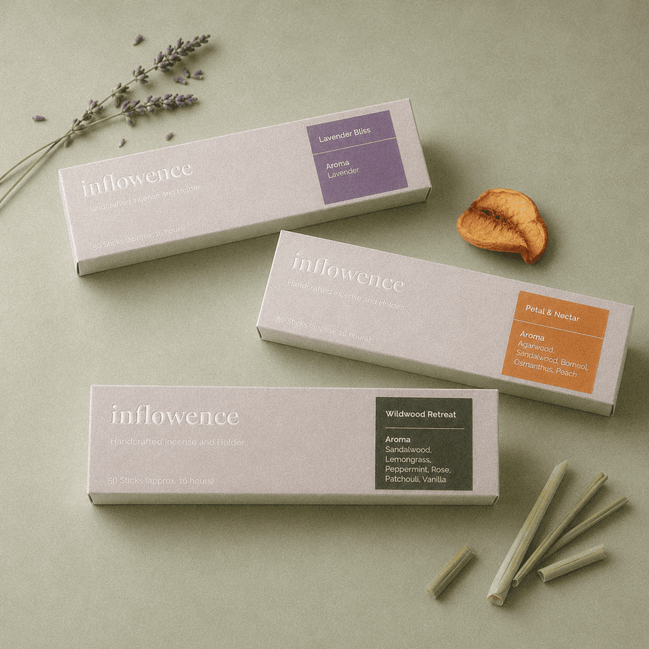 Summer Ritual Trio – Incense Box Set featuring patchouli incense named Wildwood Retreat, flower incense named Petal & Nectar, and lavender incense named Lavender Bliss, arranged on a soft sage green background with three white incense boxes, lavender sprigs, a dried peach slice, and several incense sticks, ideal for fresh starts, soft morning rituals, creative focus, and emotional balance for busy minds.