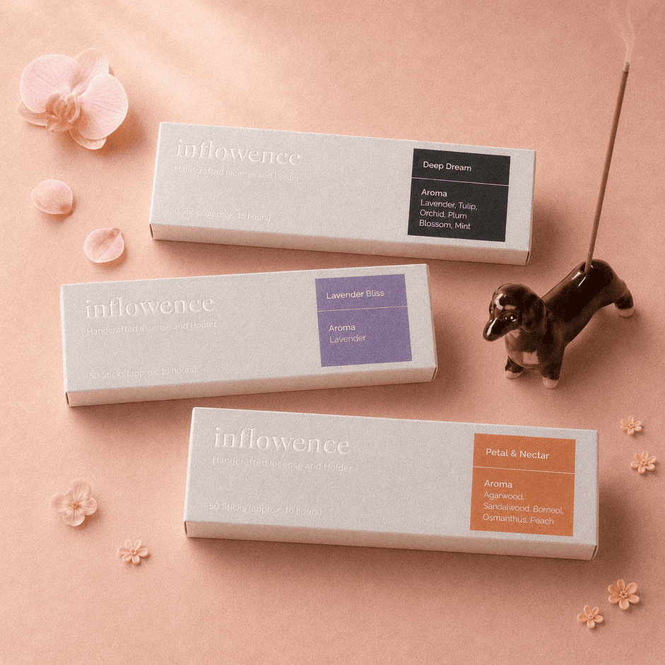 Sunday Ritual Trio incense set with Deep Dream, Lavender Bliss lavender incense, Petal & Nectar flower incense, and a ceramic dog incense holder with a burning incense stick on a soft pink floral background.
