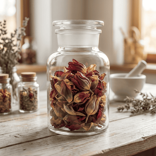 dried tulip petals preserved in a clear glass jar on a wooden table with small bottles and a mortar in the background in soft natural light, a key ingredient used in inflowence flower incense blends such as Deep Dream