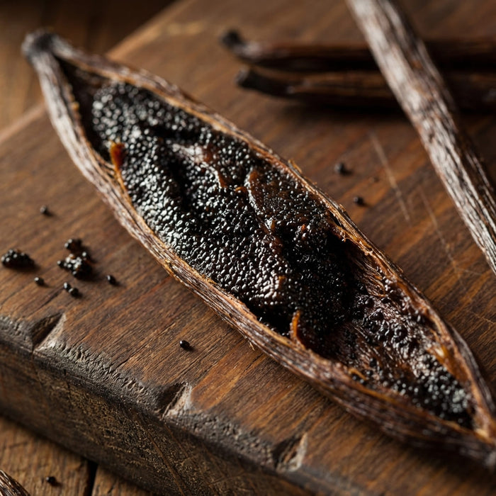 split vanilla pod with glossy black seeds exposed on a dark wooden surface in warm natural light, a key ingredient used in inflowence patchouli incense named 'Wildwood Retreat'