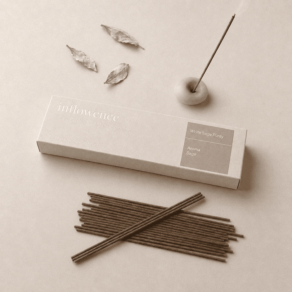White sage incense sticks named ‘white sage purity’ packed in an incense box labeled 'inflowence' on a beige background