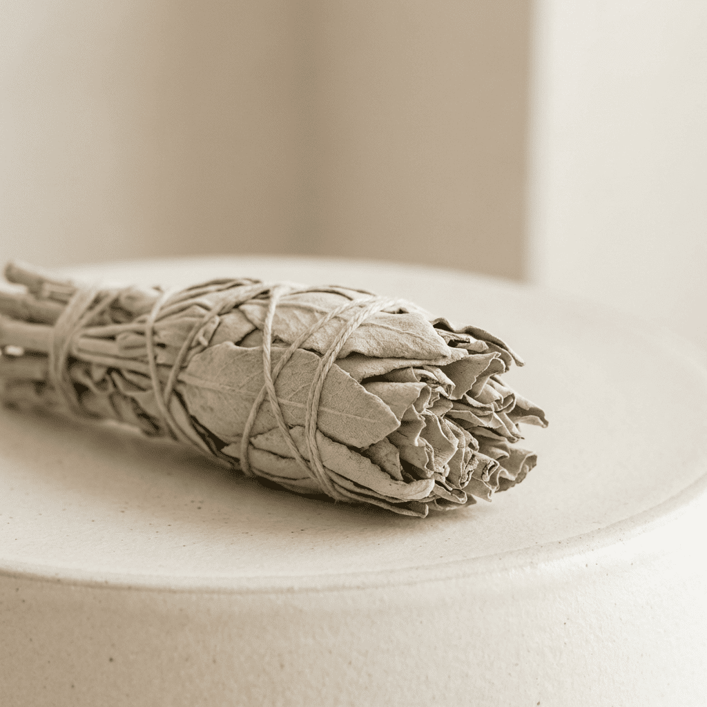 dried white sage bundle, a natural ingredient used in inflowence incense, displayed on a ceramic pedestal in a calm, neutral-toned setting