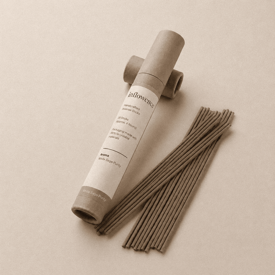 White sage incense sticks named ‘white sage purity’ packed in an incense kraft paper tube labeled 'inflowence' on a beige background