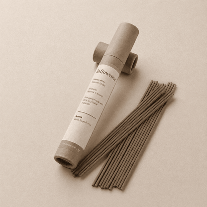 White sage incense sticks named ‘white sage purity’ packed in an incense kraft paper tube labeled 'inflowence' on a beige background