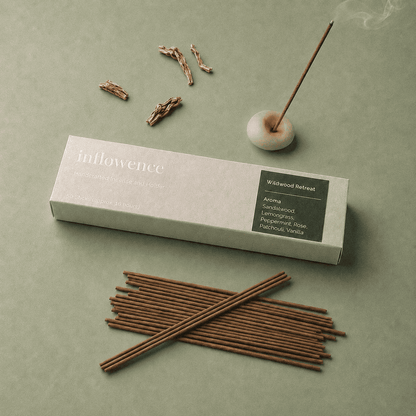 Patchouli incense sticks named ‘wildwood retreat’ packed in an incense box labeled 'inflowence' on a green background