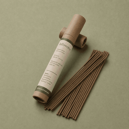 Patchouli incense sticks named ‘wildwood retreat' packed in an incense kraft paper tube labeled 'inflowence' on a green background