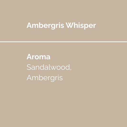 Ambergris Whisper incense product display featuring a solid background with the scent notes: sandalwood and ambergris.