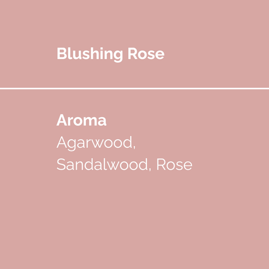 Blushing Rose incense product display featuring a solid background with the scent notes: agarwood, sandalwood, and rose.