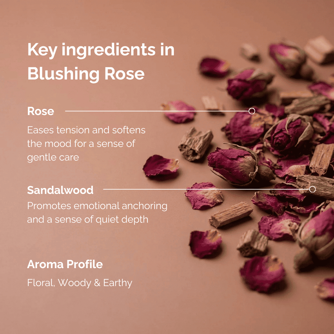 Key ingredients of rose incense named “Blushing Rose”, featuring dried rose buds, rose petals, and sandalwood pieces arranged on a warm neutral background, highlighting the floral, woody, and earthy aroma profile of this botanical incense.