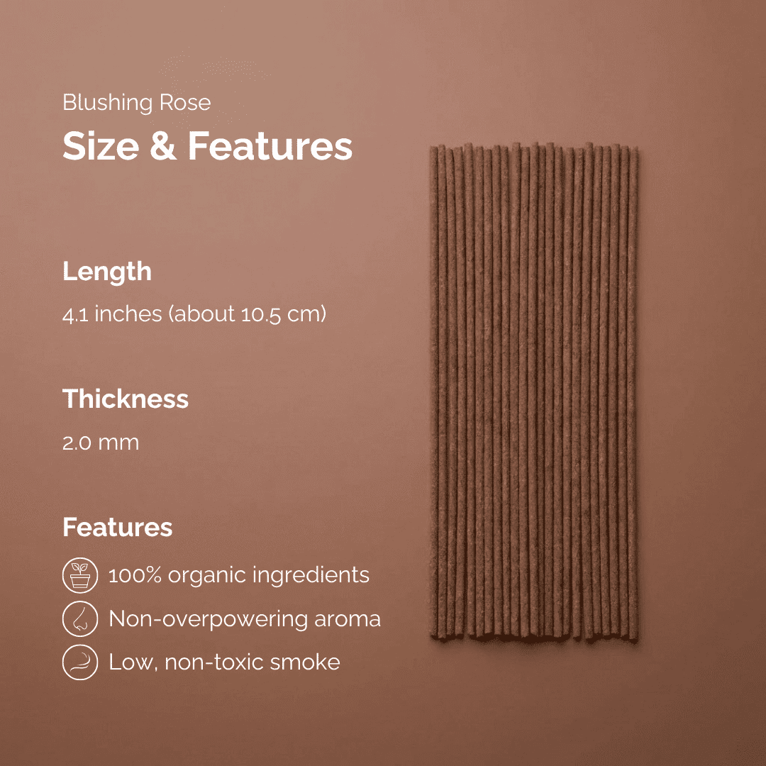Blushing rose product with size and features text on a gradient background