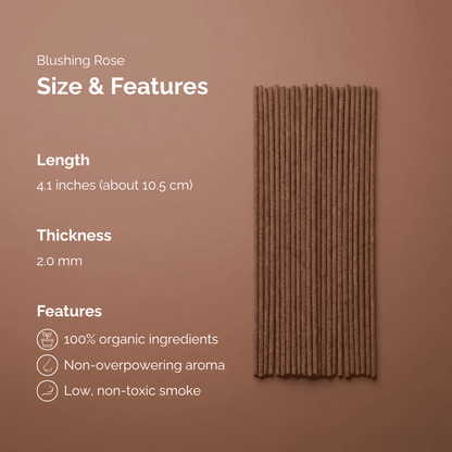 Blushing rose product with size and features text on a gradient background