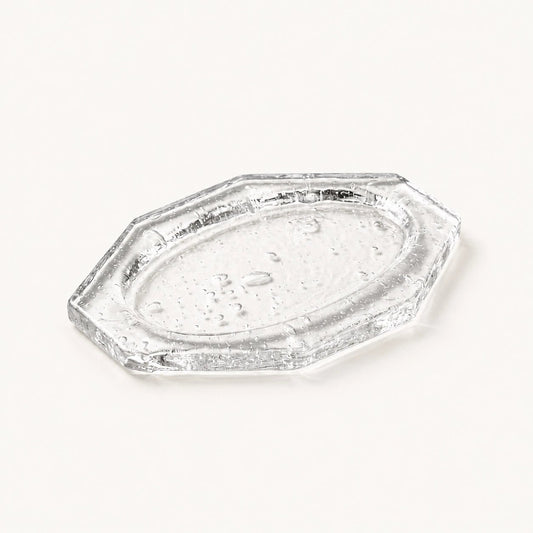 Kumo Glass Incense Tray by Inflowence, a handcrafted clear octagonal glass tray with natural bubbles, made to catch falling incense ash.