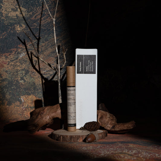 Deep Dream incense box and tube set displayed with wood and branches, in front of a green-yellow-red oil painting canvas. Dappled light and shadow highlight the products, evoking a warm, tranquil evening ritual.